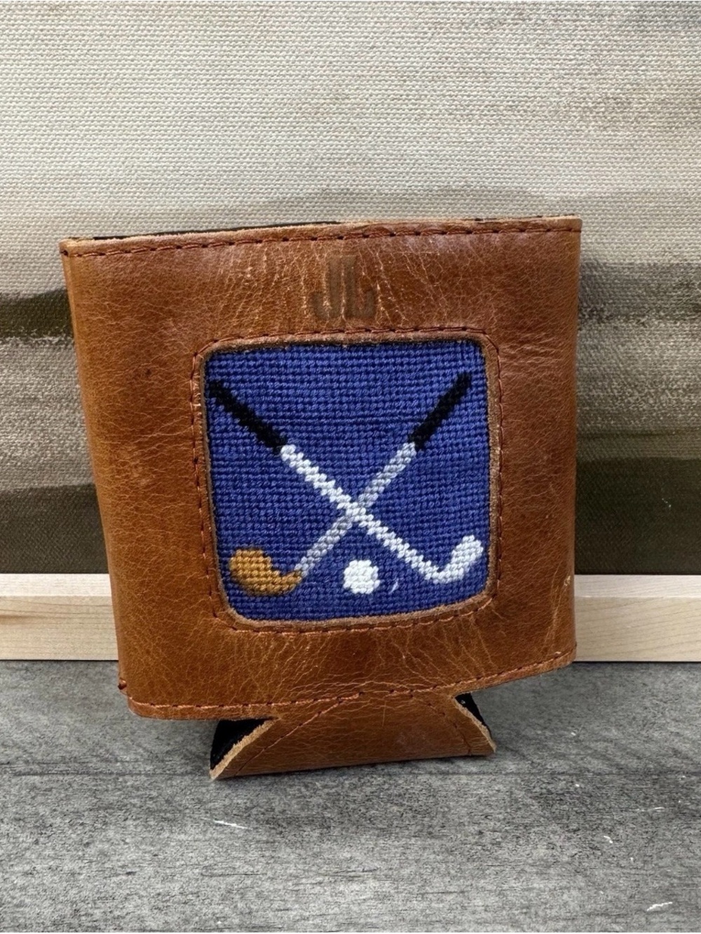 Mark & Graham Smathers & Branson Leather Needlepoint Can Cooler Clubs “JL” Read